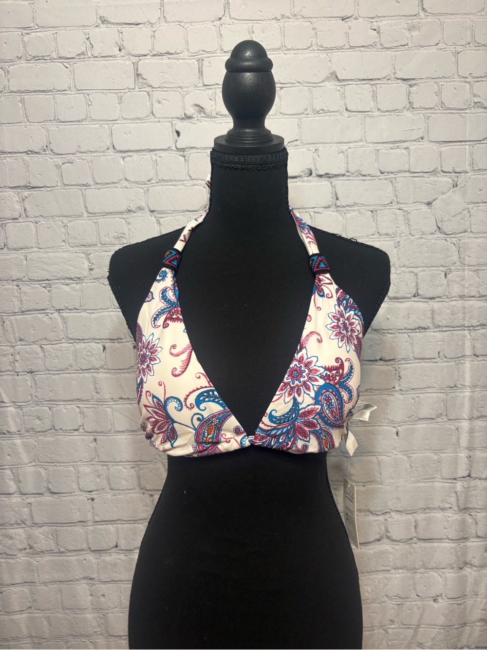 White Paisley Halter Bikini Top xL and L Bottoms- Blue & Pink Print
